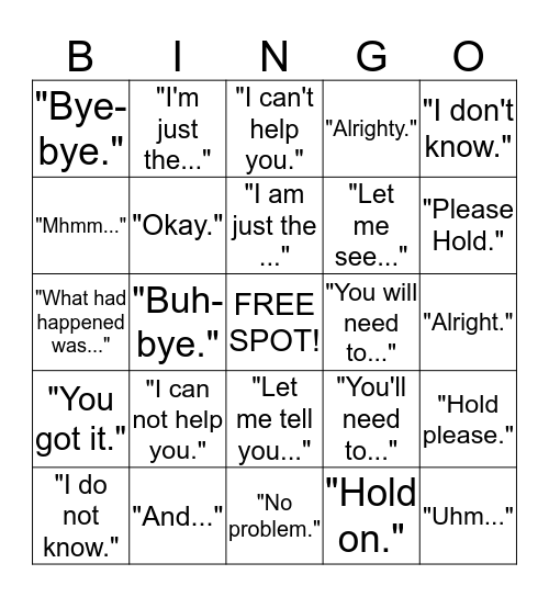Don't Say It!  Bingo Card