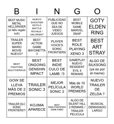 Game Awards Bingo Card