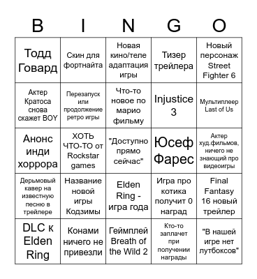 Game awards 2022 Bingo Card