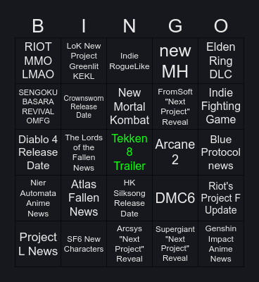 Game Awards Bingo Card