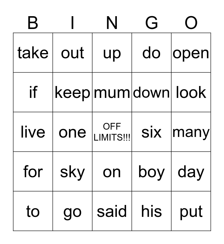 Common Word Bingo Card