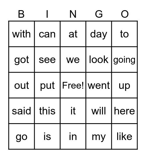 Word Wall Words Bingo Card