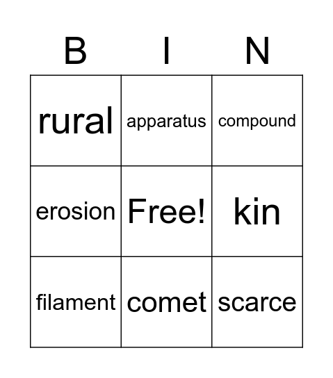 Voacabulary Bingo Card