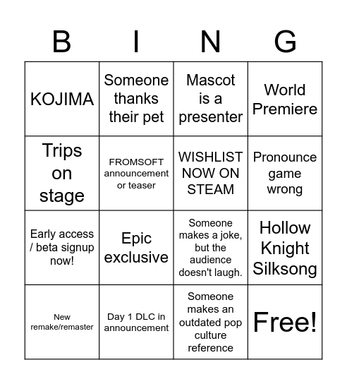 TGA Bingo Card