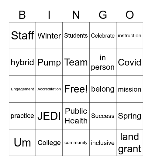 CPH Winter Assembly Bingo Card