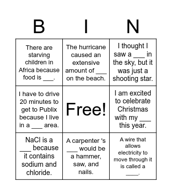 Voacabulary Bingo Card