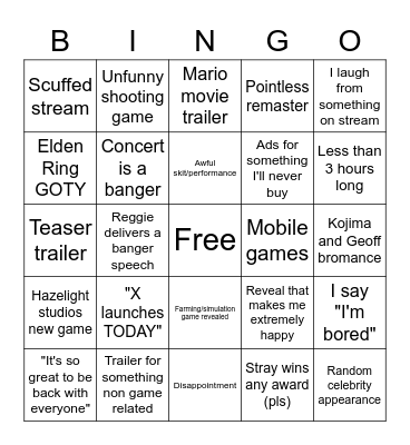 Game Awards 2022 Bingo Card