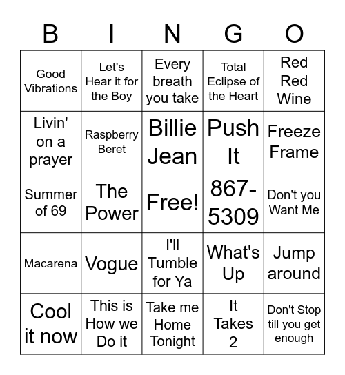 80's & 90's Music Bingo Card