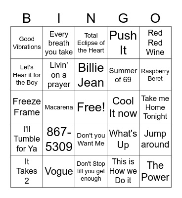 80's & 90's Music Bingo Card