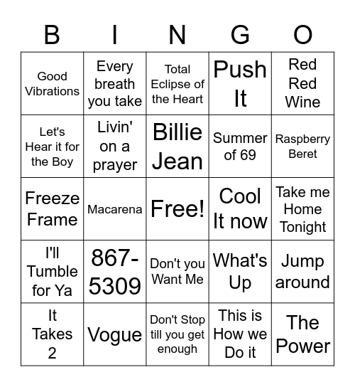 80's & 90's Music Bingo Card