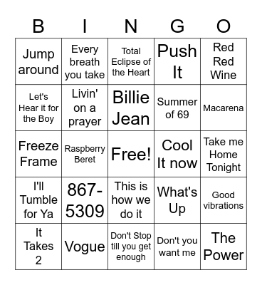 80's & 90's Music Bingo Card