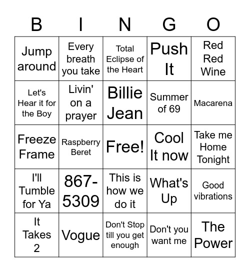 80's & 90's Music Bingo Card
