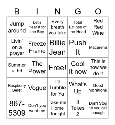 80's & 90's Music Bingo Card