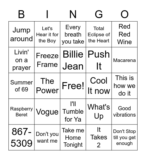 80's & 90's Music Bingo Card