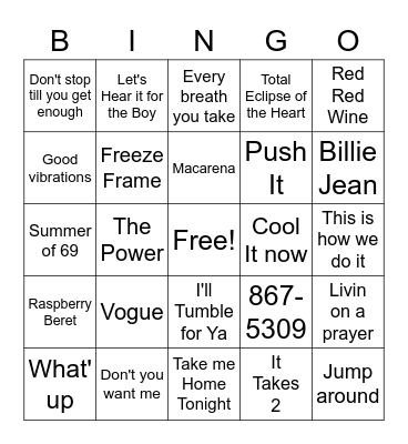 80's & 90's Music Bingo Card