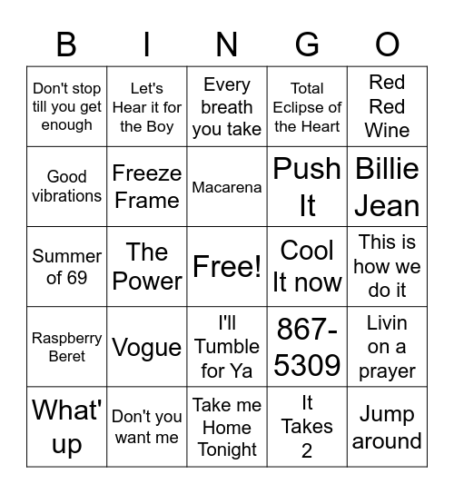80's & 90's Music Bingo Card