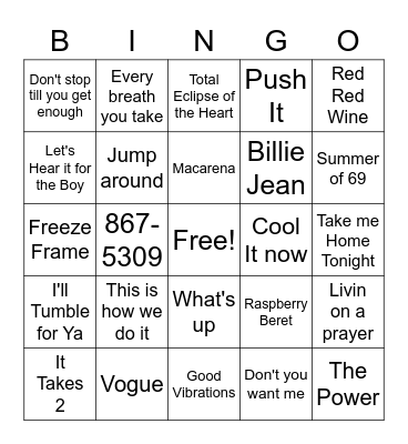 80's & 90's Music Bingo Card