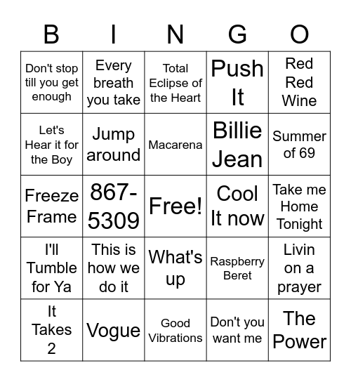 80's & 90's Music Bingo Card