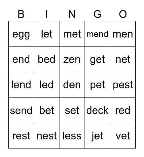 Bingo - Short E Bingo Card