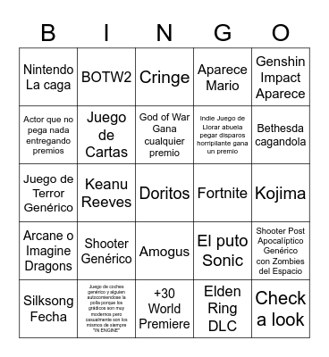 Game Awards Bingo Card