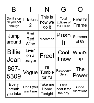 80's & 90's Music Bingo Card