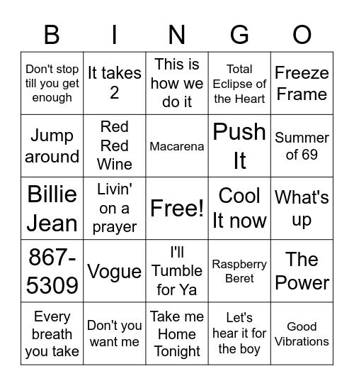 80's & 90's Music Bingo Card