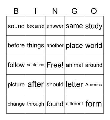 SIGHT WORDS BINGO Card