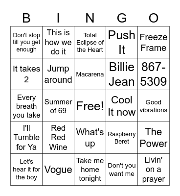 80's & 90's Music Bingo Card