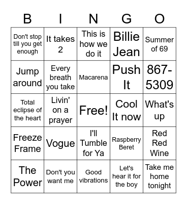 80's & 90's Music Bingo Card