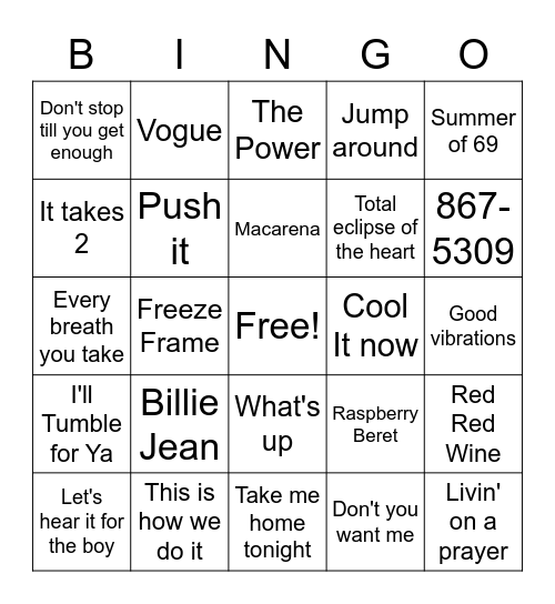 80's & 90's Music Bingo Card