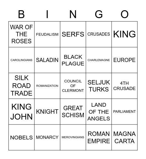MIDDLE AGES BINGO Card