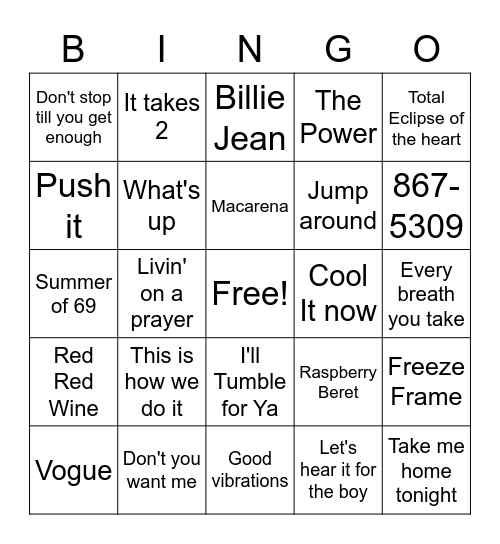 80's & 90's Music Bingo Card