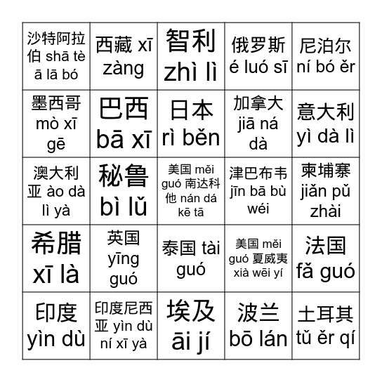 在 zài + Place = In / at ... Bingo Card