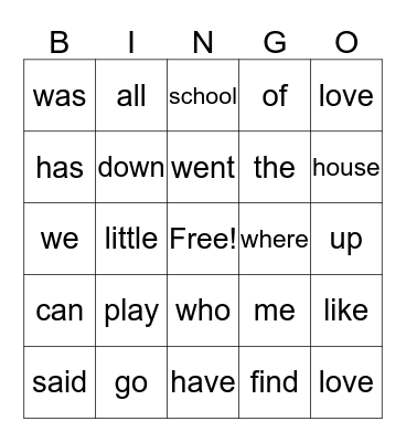 Sight Words Bingo Card
