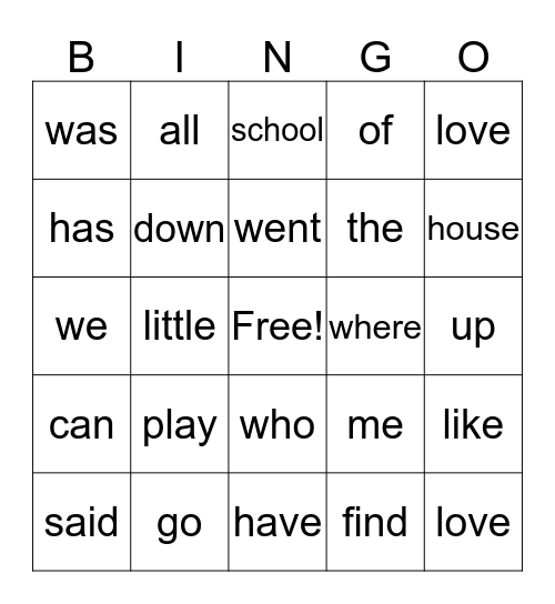 Sight Words Bingo Card