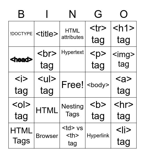 Web Design Quiz Bingo Card