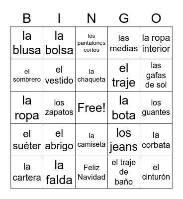 La ropa Bingo Card