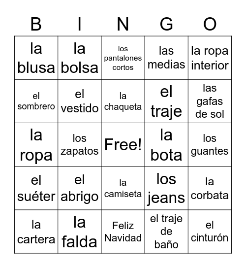 La ropa Bingo Card