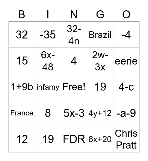 Math Bingo 12/8/22 Bingo Card