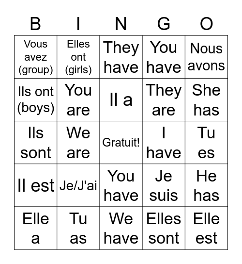 Français Bino Bingo Card