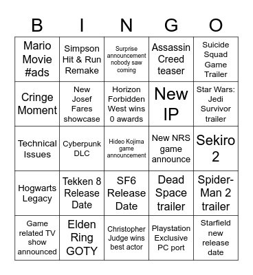 TGA 2022 Bingo Card