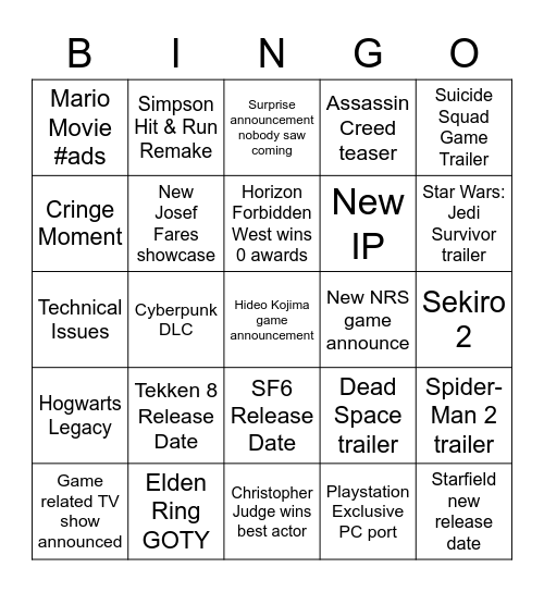 TGA 2022 Bingo Card