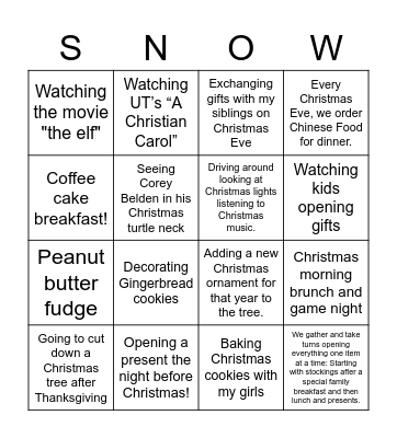 Honors Holiday Hoopla Bingo Card