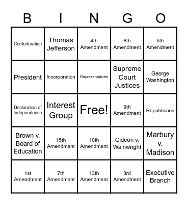 Government Semester Review Bingo Card