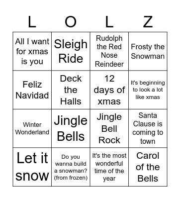 Holiday Song Bingo Card