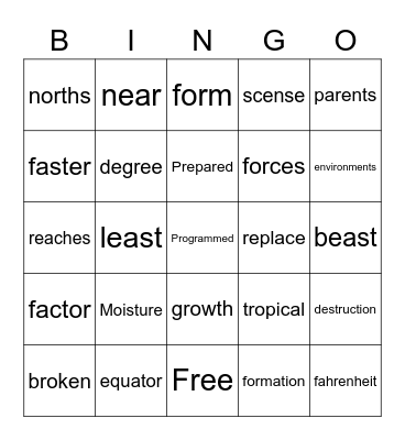 Vocabulary Bingo Card