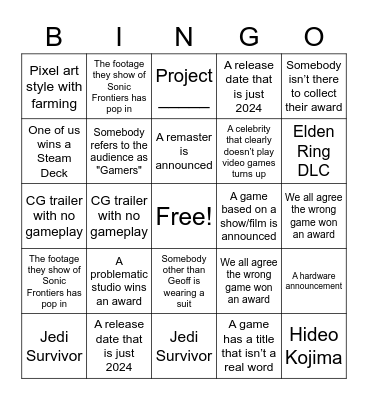 The Game Awards 2022 Bingo Card