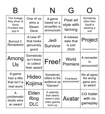 The Game Awards 2022 Bingo Card