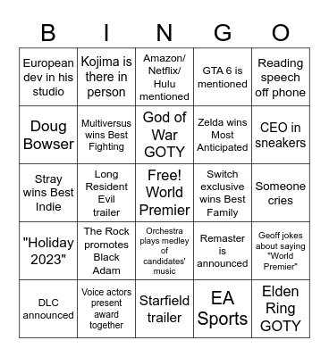 Easy Game Awards 2022 Bingo Card