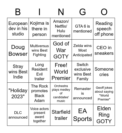 Easy Game Awards 2022 Bingo Card